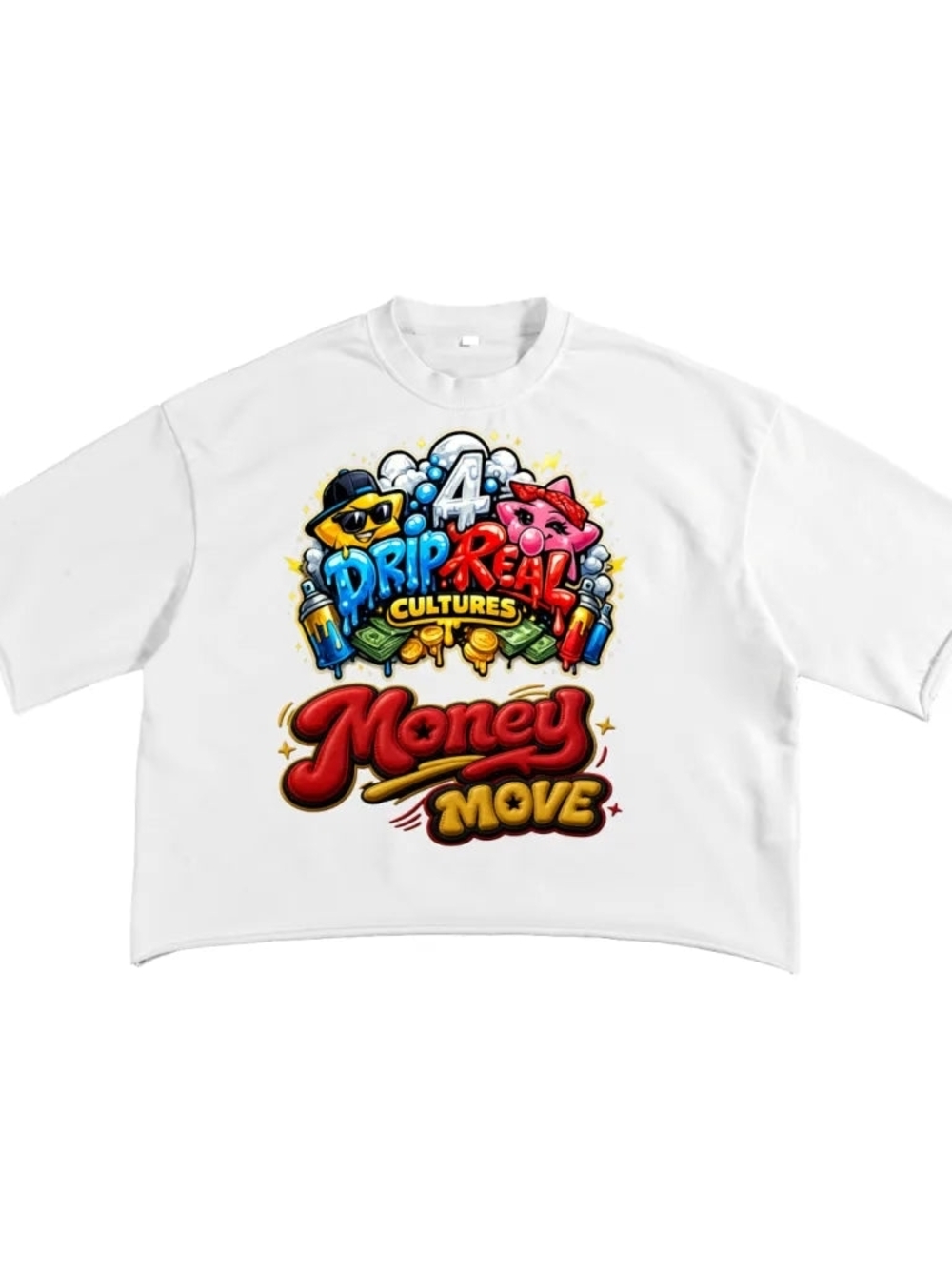 Graphic White Tee with Colorful "Money Move" Print